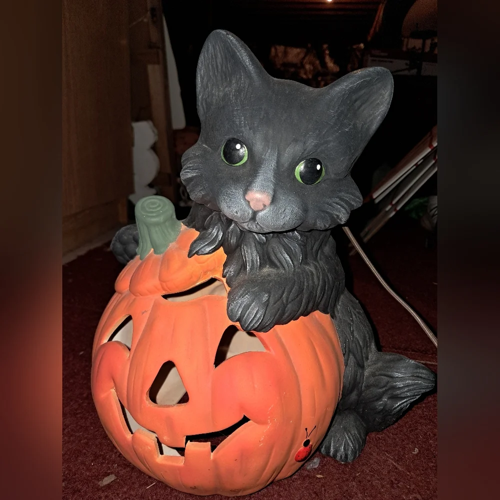 Hand Made Halloween Cat and Pumpkin Decor
